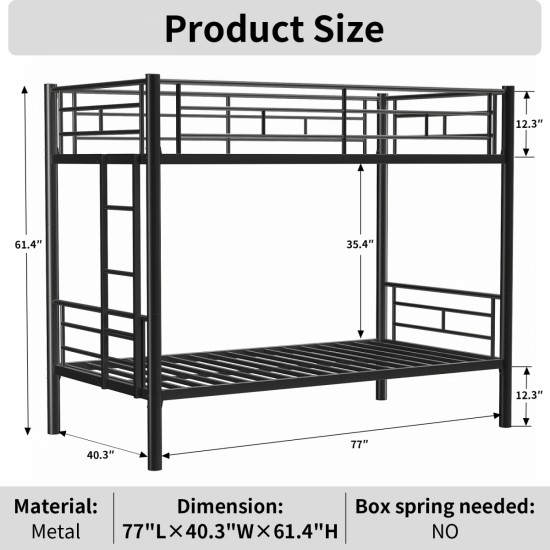 Bunk Bed Twin Over Twin Size with Ladder and high Guardrail, Able to Split, Metal Bunk Bed, Storage Space, Noise Free, Black