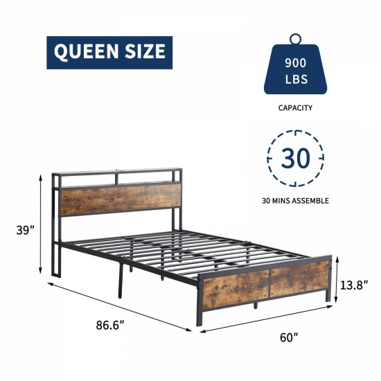 Industrial QUEEN Bed Frame with LED Lights and 2 USB Ports, Bed Frame Full Size with Storage, Noise Free, No Box Spring Needed, Rustic Brown