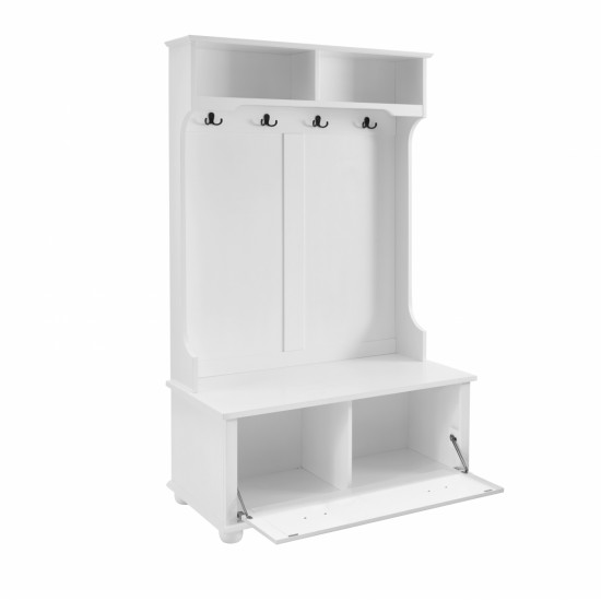 Classic Cosatal Style Hall Tree Entryway Bench with Open Shelves and Shoe Cabinets, SOLID WOOD Feet, White, 40.16 Inch W*18.58 Inch D*64.17 Inch H