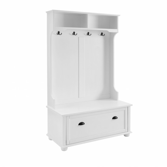 Classic Cosatal Style Hall Tree Entryway Bench with Open Shelves and Shoe Cabinets, SOLID WOOD Feet, White, 40.16 Inch W*18.58 Inch D*64.17 Inch H