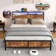 Industrial QUEEN Bed Frame with LED Lights and 2 USB Ports, Bed Frame Full Size with Storage, Noise Free, No Box Spring Needed, Rustic Brown