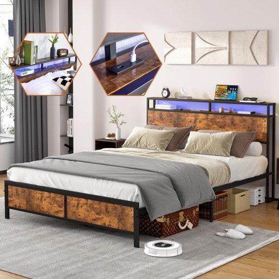 Industrial QUEEN Bed Frame with LED Lights and 2 USB Ports, Bed Frame Full Size with Storage, Noise Free, No Box Spring Needed, Rustic Brown