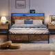 Industrial QUEEN Bed Frame with LED Lights and 2 USB Ports, Bed Frame Full Size with Storage, Noise Free, No Box Spring Needed, Rustic Brown