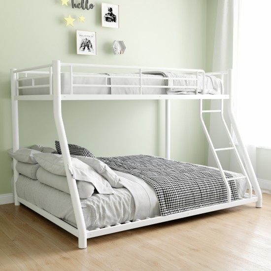 Metal Bunk Bed Twin Over Full Size with Removable Stairs, Heavy Duty Sturdy Frame with 12 Inch  Under-Bed Storage for Teen & Adults, Teens, No Box Spring Needed, White