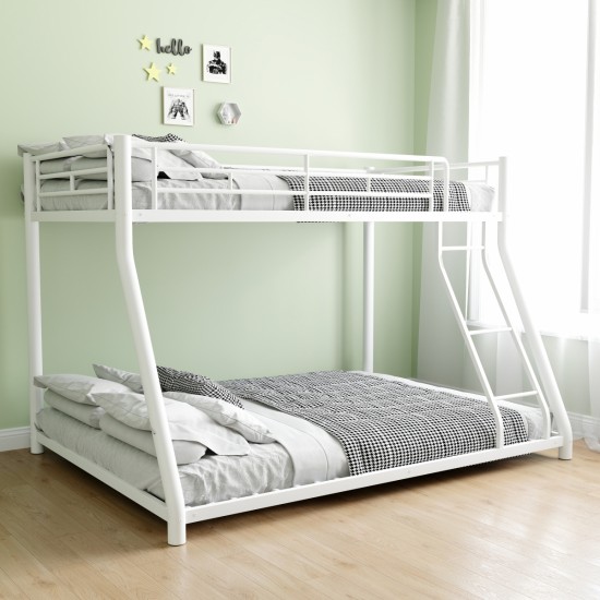 Metal Bunk Bed Twin Over Full Size with Removable Stairs, Heavy Duty Sturdy Frame with 12 Inch  Under-Bed Storage for Teen & Adults, Teens, No Box Spring Needed, White