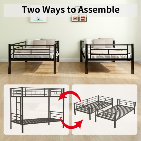 Bunk Bed Twin Over Twin Size with Ladder and high Guardrail, Able to Split, Metal Bunk Bed, Storage Space, Noise Free, Black