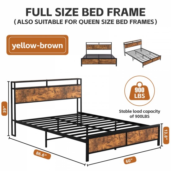 Industrial Full Bed Frame with LED Lights and 2 USB Ports, Bed Frame Full Size with Storage, Noise Free, No Box Spring Needed, Rustic Brown