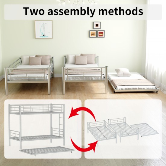 Heavy-duty Sturdy Meta Twin over Twin with Trundle Bunk Bed/l/ Noise Reduced/ Safety Guardrail/No Box Spring Needed,Gray Silver