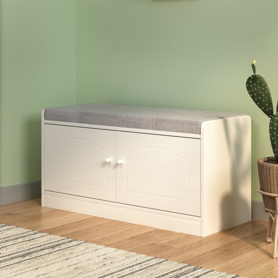 Shoe Storage Bench with 2 Door Cabinet, Entryway Bench with Shoe Storage, Shoe Bench with Cushion, Adjustable Shelves, Shoe Rack Bench for Entrance, Hallway, Bedroom, White+Gray