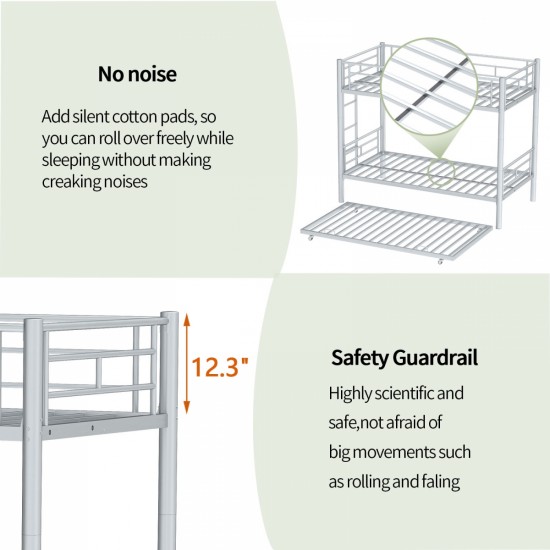 Heavy-duty Sturdy Meta Twin over Twin with Trundle Bunk Bed/l/ Noise Reduced/ Safety Guardrail/No Box Spring Needed,Gray Silver