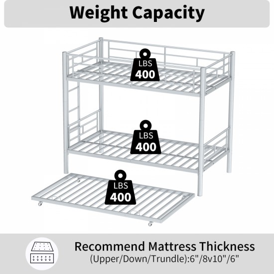 Heavy-duty Sturdy Meta Twin over Twin with Trundle Bunk Bed/l/ Noise Reduced/ Safety Guardrail/No Box Spring Needed,Gray Silver