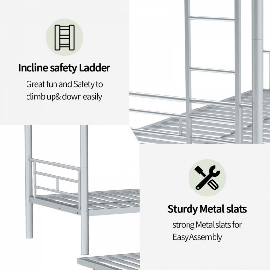 Heavy-duty Sturdy Meta Twin over Twin with Trundle Bunk Bed/l/ Noise Reduced/ Safety Guardrail/No Box Spring Needed,Gray Silver