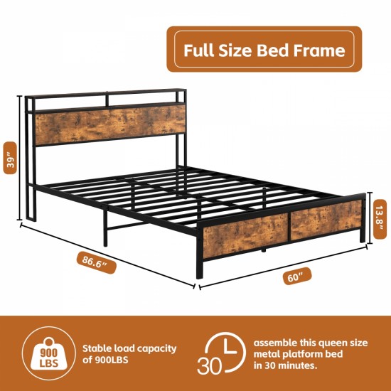 Industrial Full Bed Frame with LED Lights and 2 USB Ports, Bed Frame Full Size with Storage, Noise Free, No Box Spring Needed, Rustic Brown