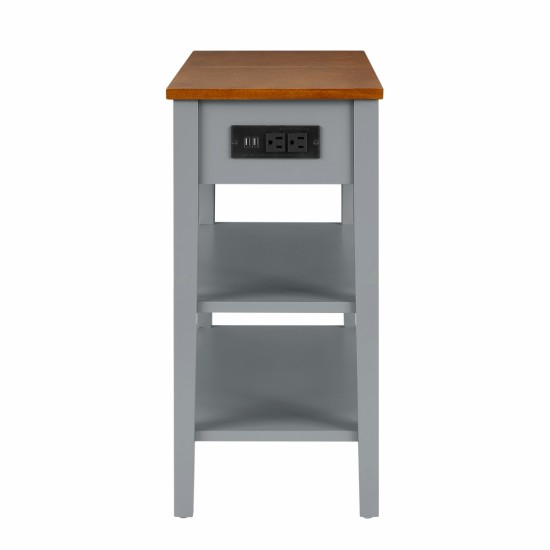 Narrow 2-tone End Table with USB Charging Ports for Small Space, SOLID WOOD Table Legs, Gray and Walnut, 11.8 Inch W*24 Inch D*24.2 Inch H