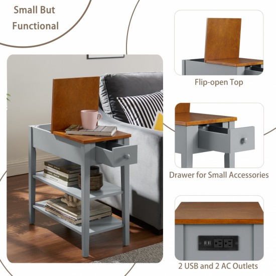 Narrow 2-tone End Table with USB Charging Ports for Small Space, SOLID WOOD Table Legs, Gray and Walnut, 11.8 Inch W*24 Inch D*24.2 Inch H