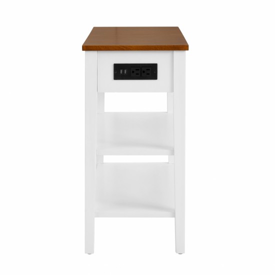 Narrow 2-tone End Table with USB Charging Ports for Small Space, SOLID WOOD Table Legs, White and Walnut, 11.8 Inch W*24 Inch D*24.2 Inch H