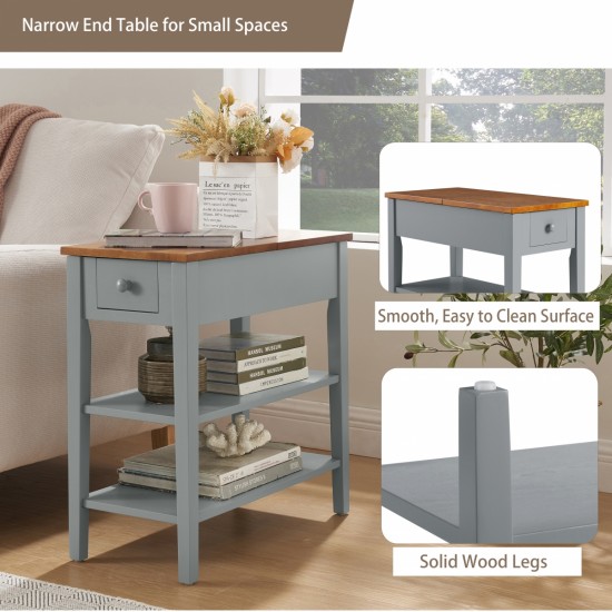 Narrow 2-tone End Table with USB Charging Ports for Small Space, SOLID WOOD Table Legs, Gray and Walnut, 11.8 Inch W*24 Inch D*24.2 Inch H