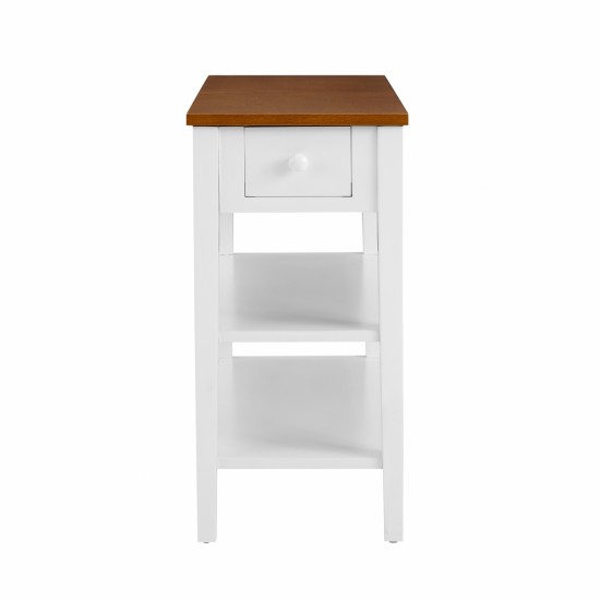 Narrow 2-tone End Table with USB Charging Ports for Small Space, SOLID WOOD Table Legs, White and Walnut, 11.8 Inch W*24 Inch D*24.2 Inch H