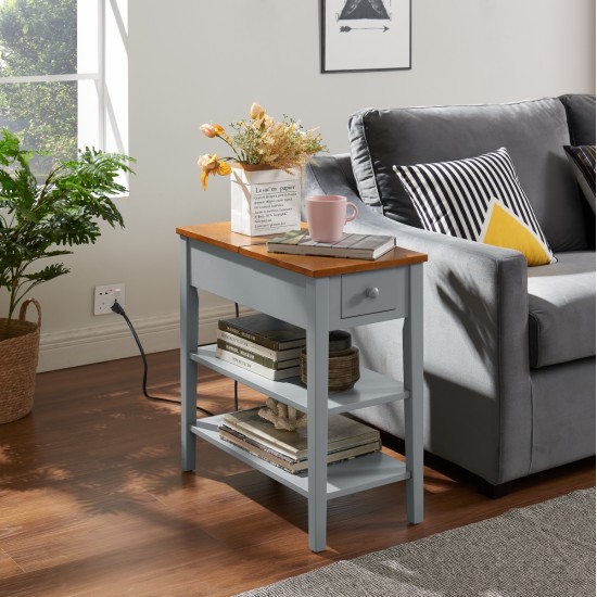 Narrow 2-tone End Table with USB Charging Ports for Small Space, SOLID WOOD Table Legs, Gray and Walnut, 11.8 Inch W*24 Inch D*24.2 Inch H