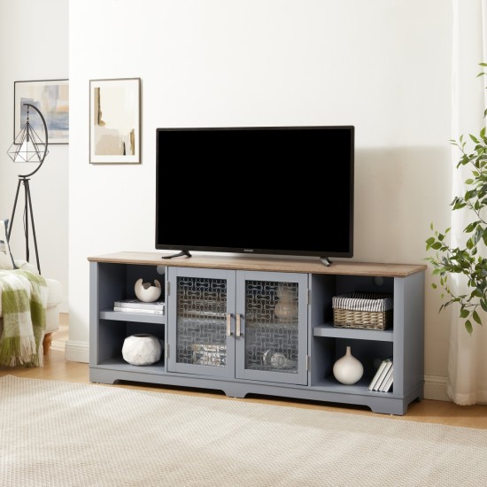 Modern Farmhouse TV Media Stand, Large Home Entertainment Console, for TV Up to 80'', with Open Shelves and Glass Door Cabinets, Light Blue and Light Oak, 70 Inch W*15.55 Inch D*26.85 Inch H