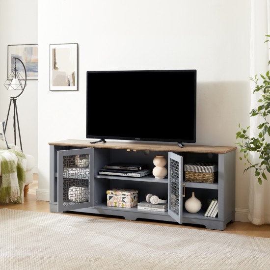 Modern Farmhouse TV Media Stand, Large Home Entertainment Console, for TV Up to 80'', with Open Shelves and Glass Door Cabinets, Light Blue and Light Oak, 70 Inch W*15.55 Inch D*26.85 Inch H