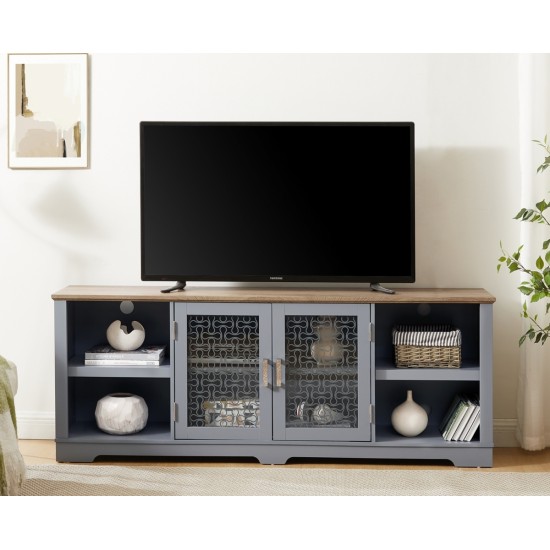 Modern Farmhouse TV Media Stand, Large Home Entertainment Console, for TV Up to 80'', with Open Shelves and Glass Door Cabinets, Light Blue and Light Oak, 70 Inch W*15.55 Inch D*26.85 Inch H