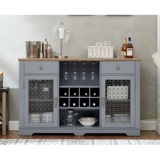 Modern Farmhouse Buffet Cabinet, Sideboard with 2 Drawers and Elegant Glass Door Cabinets, Wine and Glass Rack, Coffee Bar for Kitchen, Dining Room, Light Blue and Light Oak, 56.46 Inch W*15.55 Inch D*35.74 Inch H