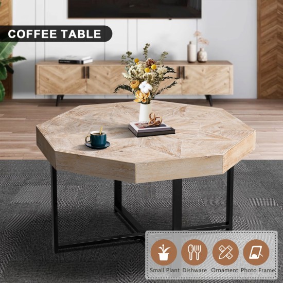 Wood Octagonal Vintage Patchwork Craft Farmhouse 30 Inch Wooden Table Top Cross Metal Legs Coffee Table for Living Room(Antique Wood)