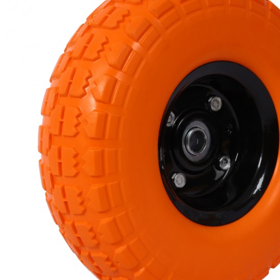 Heavy-Duty Flat free PU foam Tire and Wheel - 4.10/3.50-4 Inch ,  10 Inch  Diameter, 5/8 Inch  Axle Bore Hole, 2.2 Inch  Offset Hub and Double Sealed Bearings for Hand Trucks Replacement,orange color