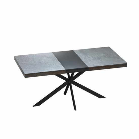 55.11 Inch  -70.86 Inch Retro Rectangular Stretch Dining Table,Grey stone Top And Black Relief Plate, Black Fine Sand Cross Iron Foot Base Dining Table, With Storage Box.