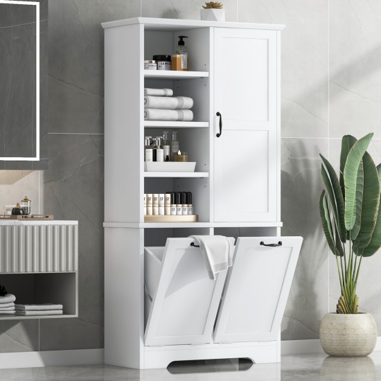 Bathroom Storage Cabinet with Doors and Drawers, Tilt-Out Laundry Hamper, Multiple Storage Space, Freestanding Style, Open Shelve, Adjustable Shelf, White (Old Sku:WF530560AAK)