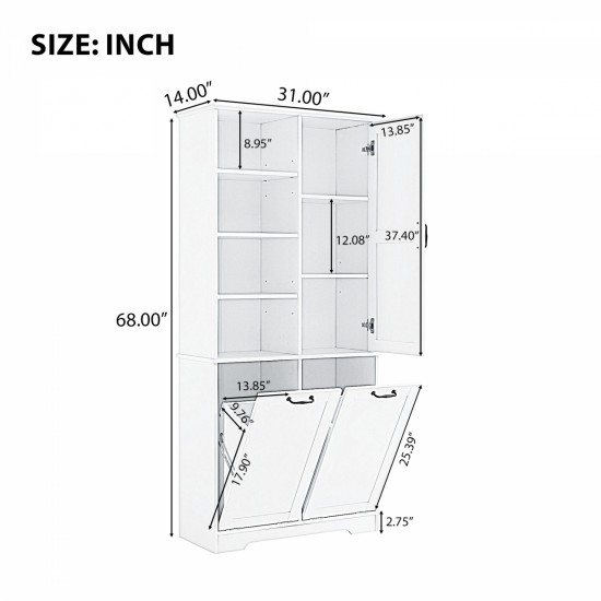 Bathroom Storage Cabinet with Doors and Drawers, Tilt-Out Laundry Hamper, Multiple Storage Space, Freestanding Style, Open Shelve, Adjustable Shelf, White (Old Sku:WF530560AAK)