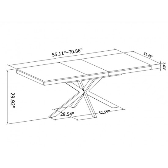 55.11 Inch  -70.86 Inch Retro Rectangular Stretch Dining Table,Grey stone Top And Black Relief Plate, Black Fine Sand Cross Iron Foot Base Dining Table, With Storage Box.