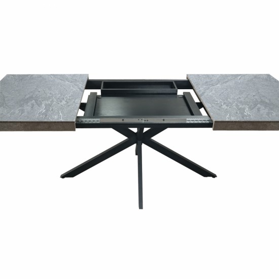 55.11 Inch  -70.86 Inch Retro Rectangular Stretch Dining Table,Grey stone Top And Black Relief Plate, Black Fine Sand Cross Iron Foot Base Dining Table, With Storage Box.