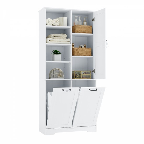 Bathroom Storage Cabinet with Doors and Drawers, Tilt-Out Laundry Hamper, Multiple Storage Space, Freestanding Style, Open Shelve, Adjustable Shelf, White (Old Sku:WF530560AAK)