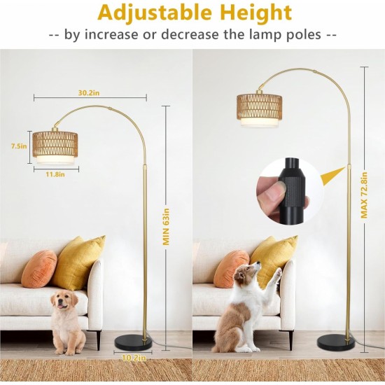 Arc Floor Lamp for bedroom with Rattan & Linen Shades, Gold Floor Lamp with Remote & Dimming Bulb, Rustic Standing Lamp with 3 Color Temperatures, Adjustable Height Farmhouse Tall Lamp for Living Room