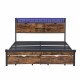 King Size Metal Platform Bed Frame with Wooden Headboard and with Footboard USB,Charging Station,2 Drawers,storage, LED Lights, No Box Spring Needed, Easy Assemble