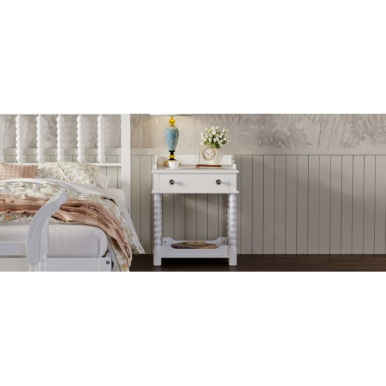 Retro Style Nightstand with Drawer and Open Shelf for Bedroom, Bedside Table with Turned Legs and Metal Handle,White