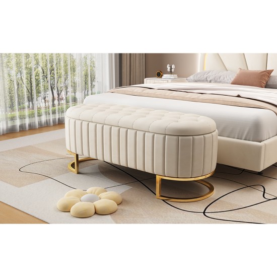 Elegant Upholstered Velvet Storage Ottoman with Button-Tufted,Storage Bench with Metal Legs for Bedroom,Living Room,Fully Assembled Except Legs,Beige