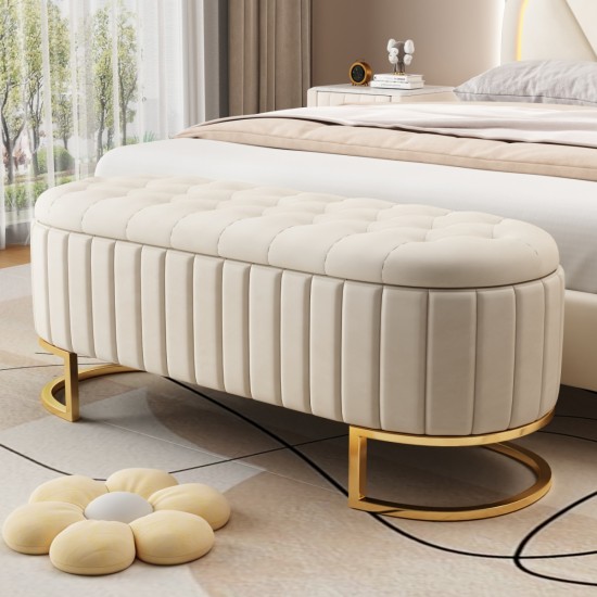 Elegant Upholstered Velvet Storage Ottoman with Button-Tufted,Storage Bench with Metal Legs for Bedroom,Living Room,Fully Assembled Except Legs,Beige