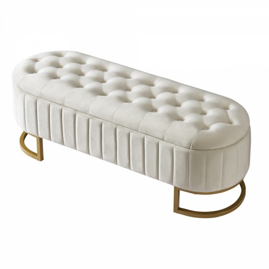 Elegant Upholstered Velvet Storage Ottoman with Button-Tufted,Storage Bench with Metal Legs for Bedroom,Living Room,Fully Assembled Except Legs,Beige