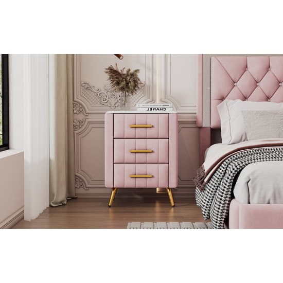 Upholstered Wooden Nightstand with 3 Drawers and Metal Legs&Handles, Bedside Table with Marbling Worktop - Pink