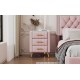 Upholstered Wooden Nightstand with 3 Drawers and Metal Legs&Handles, Bedside Table with Marbling Worktop - Pink