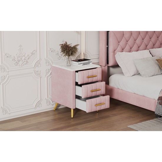 Upholstered Wooden Nightstand with 3 Drawers and Metal Legs&Handles, Bedside Table with Marbling Worktop - Pink