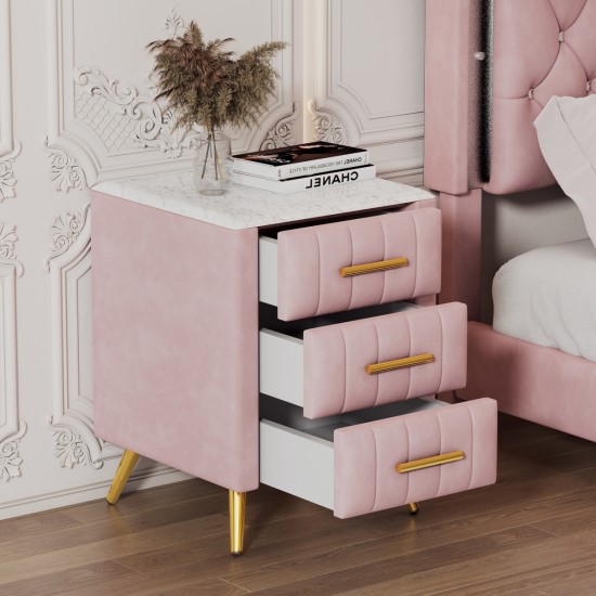 Upholstered Wooden Nightstand with 3 Drawers and Metal Legs&Handles, Bedside Table with Marbling Worktop - Pink