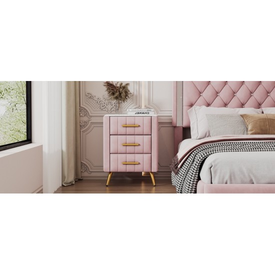 Upholstered Wooden Nightstand with 3 Drawers and Metal Legs&Handles, Bedside Table with Marbling Worktop - Pink