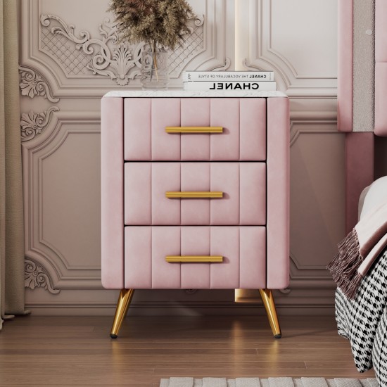 Upholstered Wooden Nightstand with 3 Drawers and Metal Legs&Handles, Bedside Table with Marbling Worktop - Pink