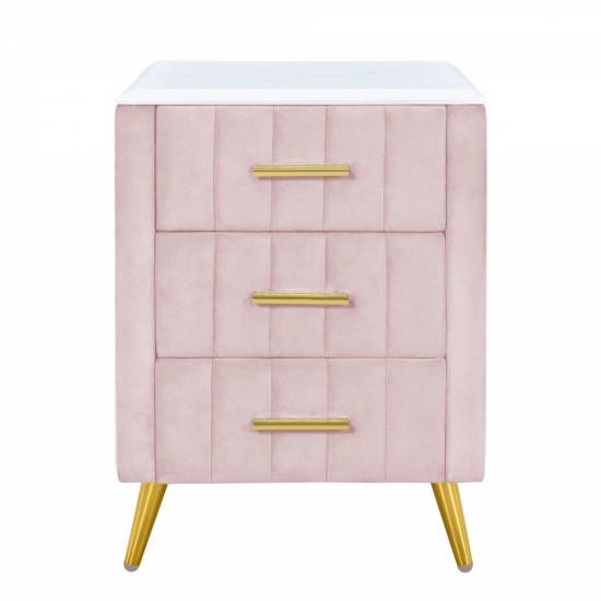 Upholstered Wooden Nightstand with 3 Drawers and Metal Legs&Handles, Bedside Table with Marbling Worktop - Pink