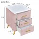 Upholstered Wooden Nightstand with 3 Drawers and Metal Legs&Handles, Bedside Table with Marbling Worktop - Pink