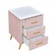 Upholstered Wooden Nightstand with 3 Drawers and Metal Legs&Handles, Bedside Table with Marbling Worktop - Pink